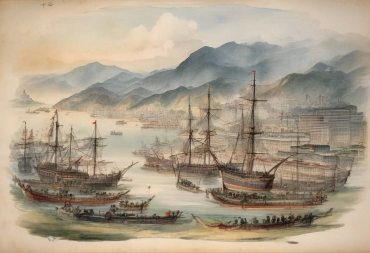 Watercolor painting based depiction of The United Kingdom captured Hong Kong as a base as it prepared for the First Opium War with Qing China. (1839)