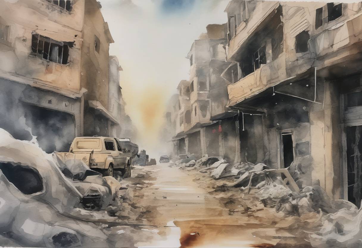 Watercolor painting based depiction of A suspected chemical attack occurred in Douma, Syria, leading to international condemnation and subsequent military responses from Western nations. (2018)