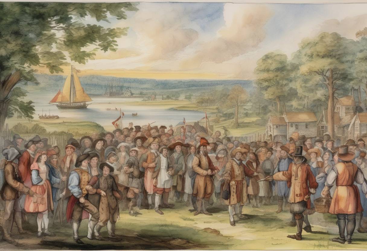 Watercolor painting based depiction of Thirty-eight colonists from Berkeley Parish in England disembark in Virginia and give thanks to God, considered by some as the first Thanksgiving in the Americas. (1619)