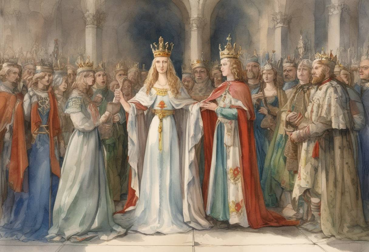 Watercolor painting based depiction of Jadwiga is crowned King of Poland, a title she holds despite being female, marking a significant moment in Polish history. (1384)