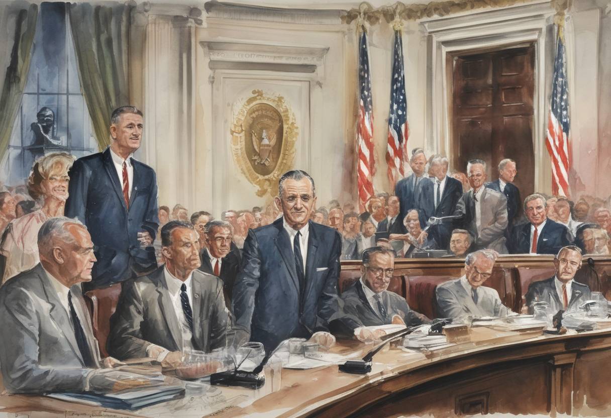Watercolor painting based depiction of President Lyndon B. Johnson declared a 'War on Poverty' in the United States during his State of the Union address, leading to significant social welfare legislation. (1964)