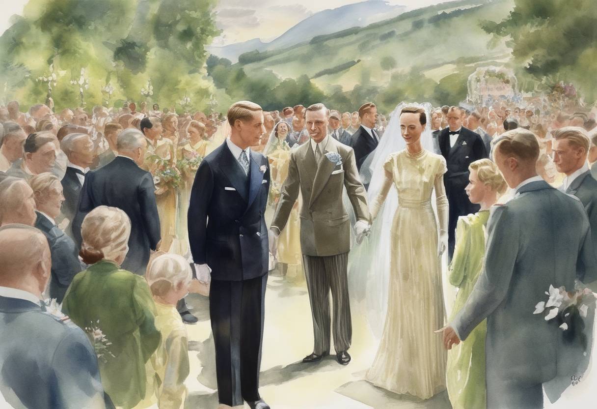 Watercolor painting based depiction of The Duke of Windsor, formerly King Edward VIII, marries Wallis Simpson in a private ceremony in France after abdicating the British throne. (1937)