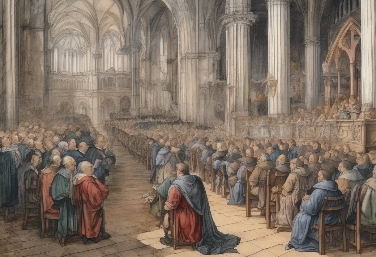 Watercolor painting based depiction of The Diet of Worms began, where Martin Luther was summoned to recant his teachings, marking a pivotal moment in the Protestant Reformation. (1521)