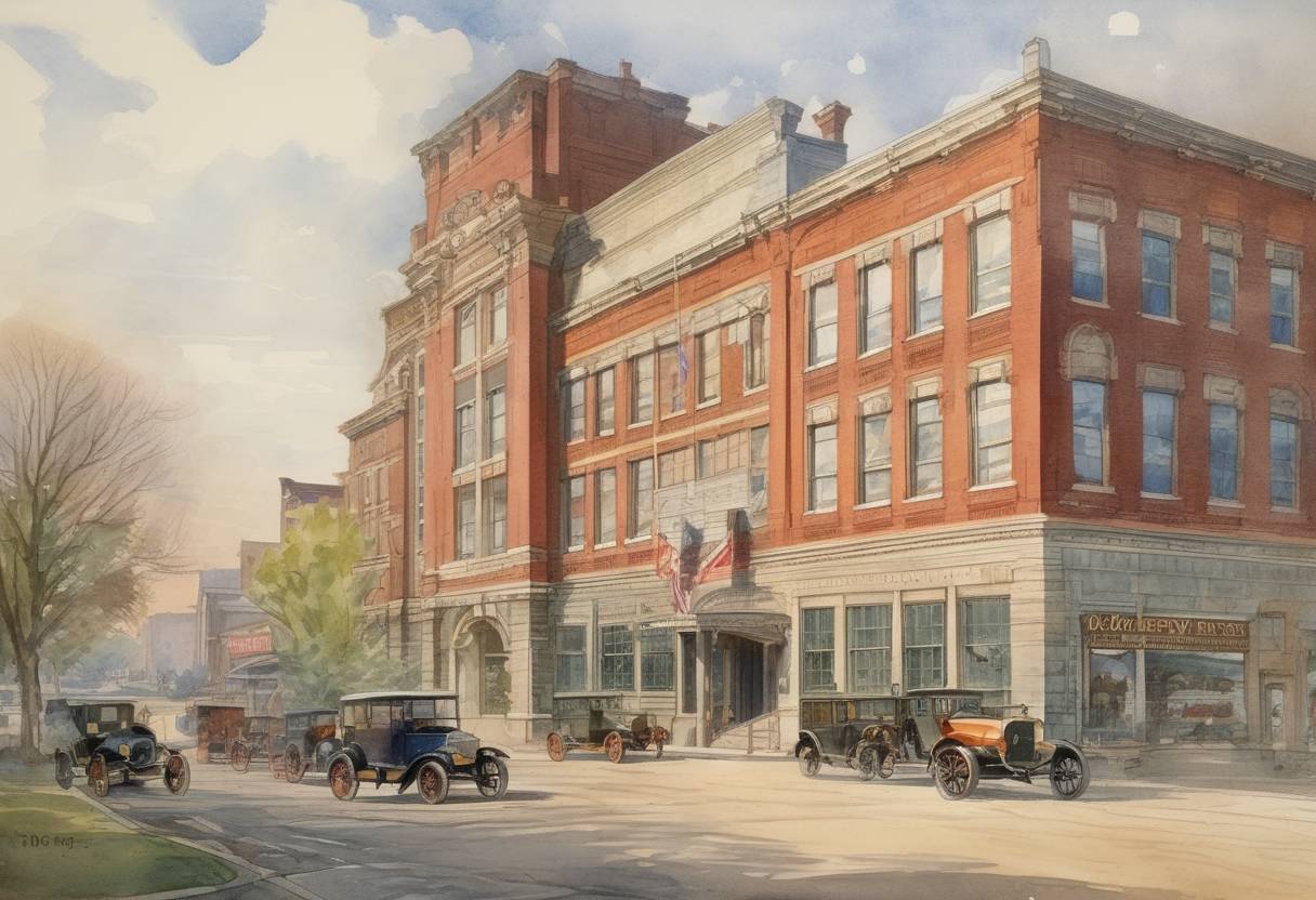 Watercolor painting based depiction of General Motors Corporation was founded by William C. Durant. (1908)