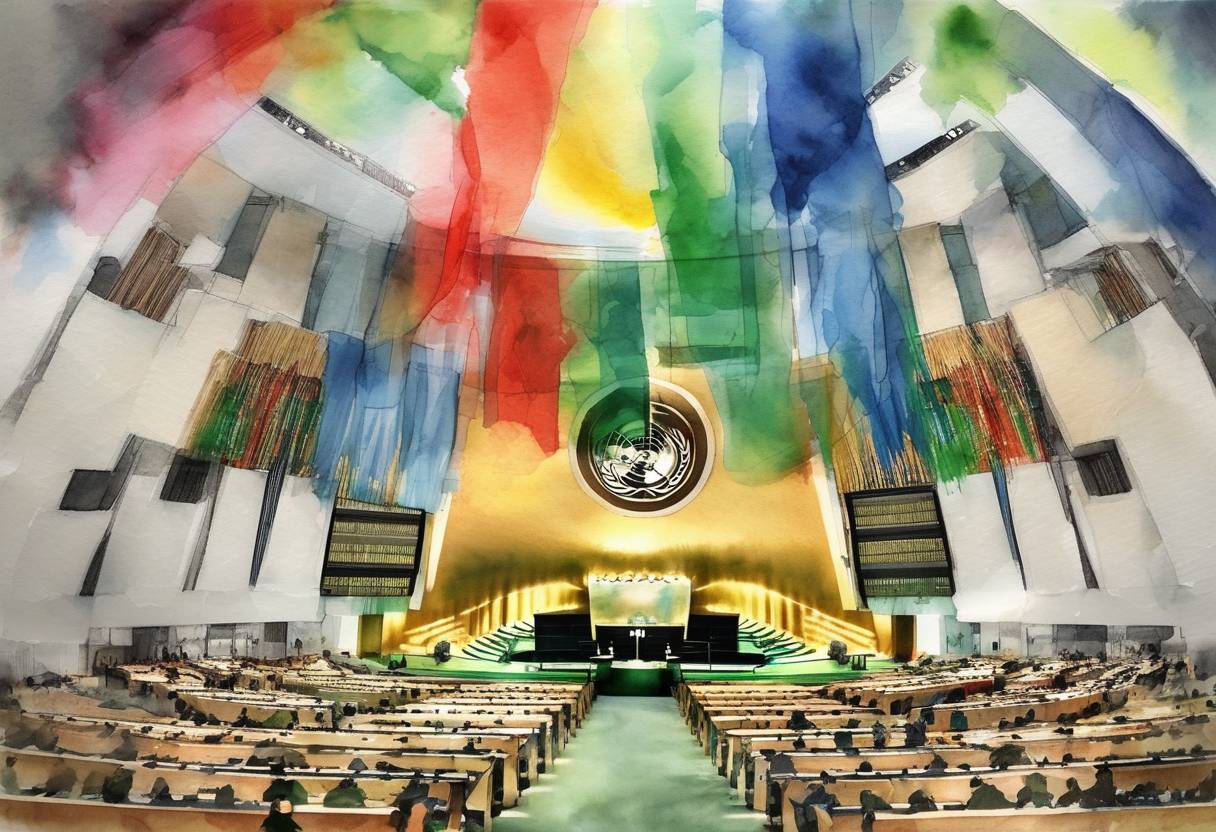 Watercolor painting based depiction of The United Nations General Assembly votes to recognize Palestine as a non-member observer state, a significant step in Palestinian efforts for international recognition. (2012)