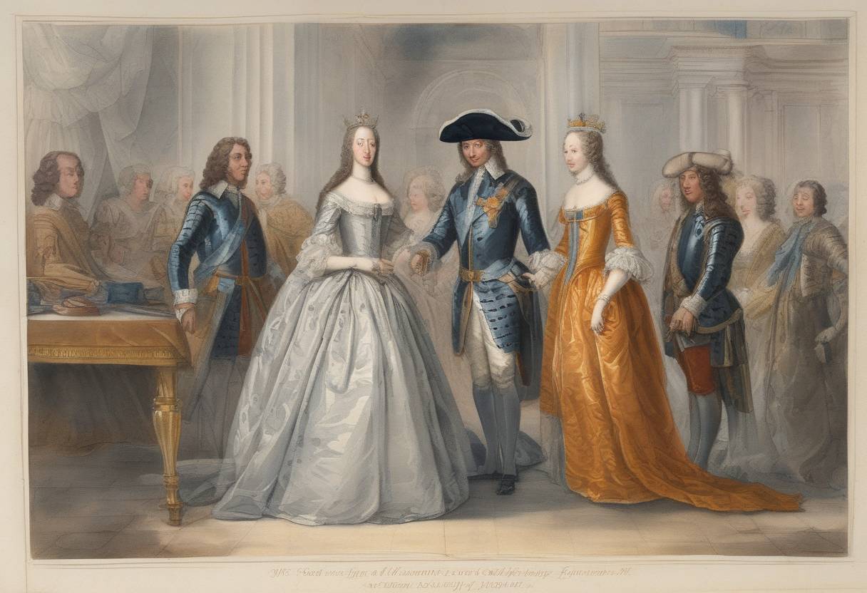 Watercolor painting based depiction of The future Mary II of England married William of Orange, a union that would later lead to their joint rule as William III and Mary II during the Glorious Revolution. (1677)