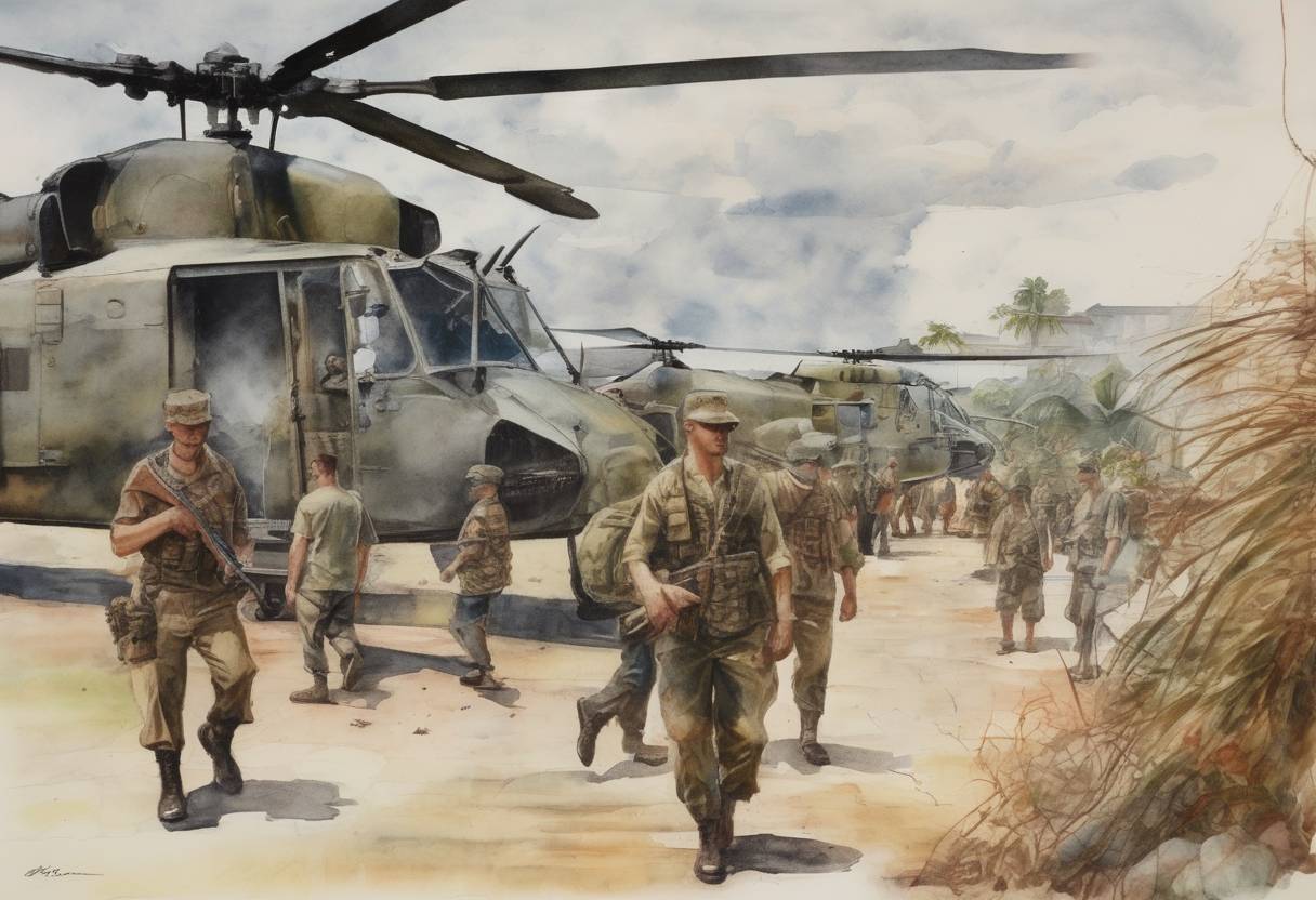 Watercolor painting based depiction of The U.S. Marines landed in the Dominican Republic to protect U.S. citizens during the Dominican Civil War. (1965)