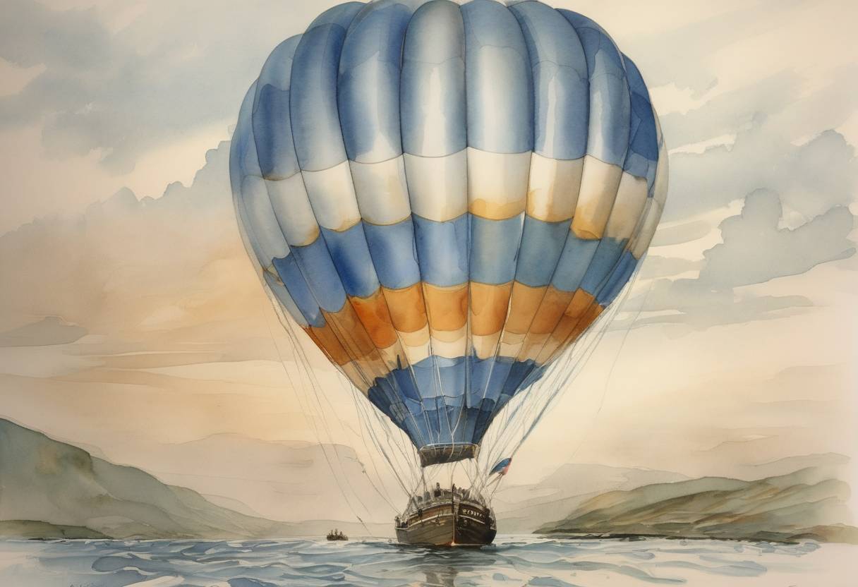 Watercolor painting based depiction of The Double Eagle II became the first balloon to successfully cross the Atlantic Ocean, landing in Miserey, France, after a 137-hour flight from Presque Isle, Maine. (1978)