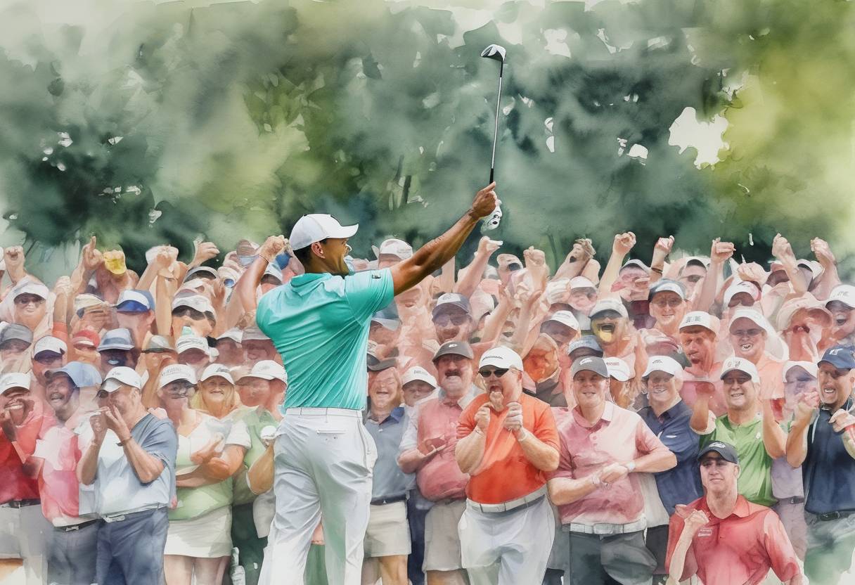 Watercolor painting based depiction of Tiger Woods wins the Masters Tournament, marking his first major championship victory in 11 years and his 15th major overall. (2019)