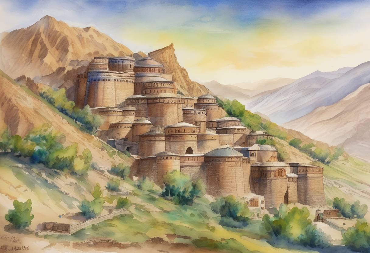 Watercolor painting based depiction of The city of Alamut, a stronghold of the Nizari Ismaili state, falls to the Mongols under Hulagu Khan. (1256)