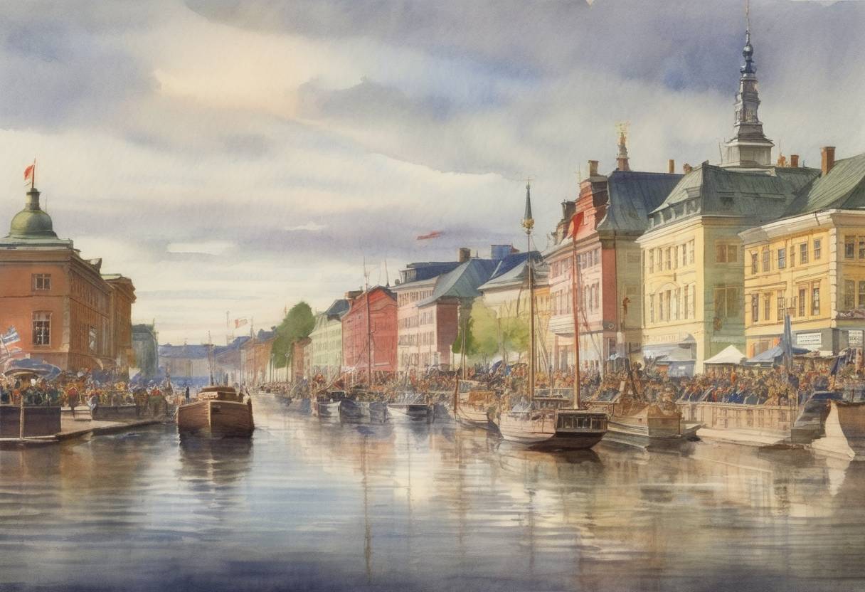 Watercolor painting based depiction of Sweden accepted the independence of Norway, formally dissolving the union between the two countries. (1905)