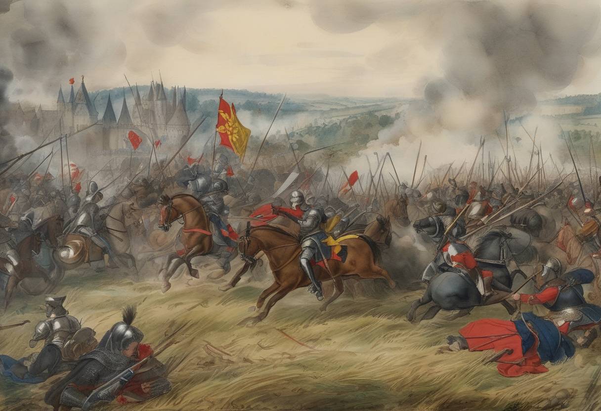 Watercolor painting based depiction of The Battle of Brustem took place during the Liège Wars, resulting in a victory for Charles the Bold, Duke of Burgundy, over the Prince-Bishopric of Liège. (1467)