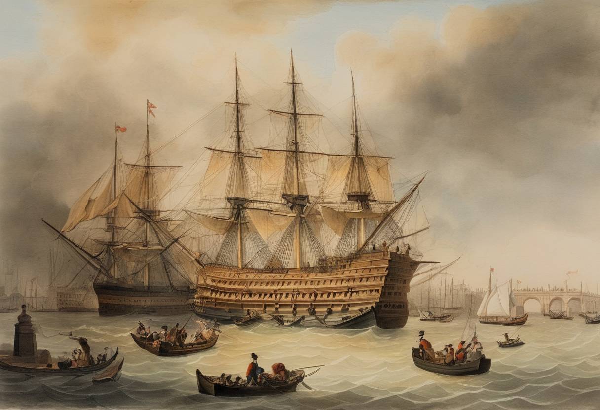 Watercolor painting based depiction of The British Parliament passed the Boston Port Act, effectively closing the port of Boston in response to the Boston Tea Party. (1774)