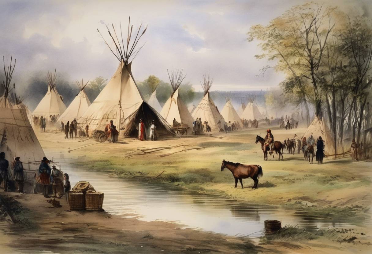 Watercolor painting based depiction of The United States orders all Native Americans to move into reservations. (1876)