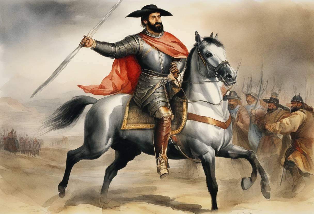 Watercolor painting based depiction of Francisco Pizarro, the Spanish conquistador known for conquering the Inca Empire, was assassinated by forces of rival Spanish conquistador Diego de Almagro II in Lima, Peru. (1541)