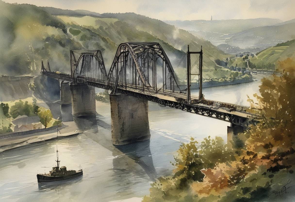Watercolor painting based depiction of During World War II, American soldiers captured the Ludendorff Bridge at Remagen, Germany, enabling Allied forces to establish a bridgehead over the Rhine River. (1945)