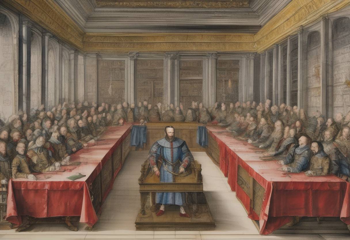 Watercolor painting based depiction of The Duke of Alba, Fernando Álvarez de Toledo, established the Council of Troubles in the Netherlands, which became known as the 'Council of Blood' due to its harsh repression of Protestant dissenters. (1567)