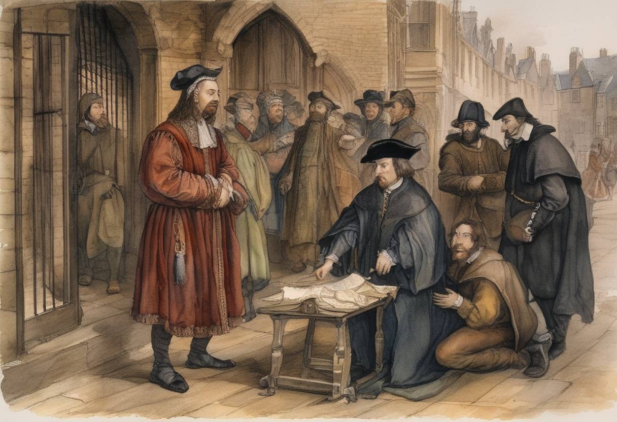Watercolor painting based depiction of Playwright Thomas Kyd is arrested in London. His lodgings had been searched, and papers belonging to his former roommate, Christopher Marlowe, were found that brought Kyd under suspicion of heresy. (1593)