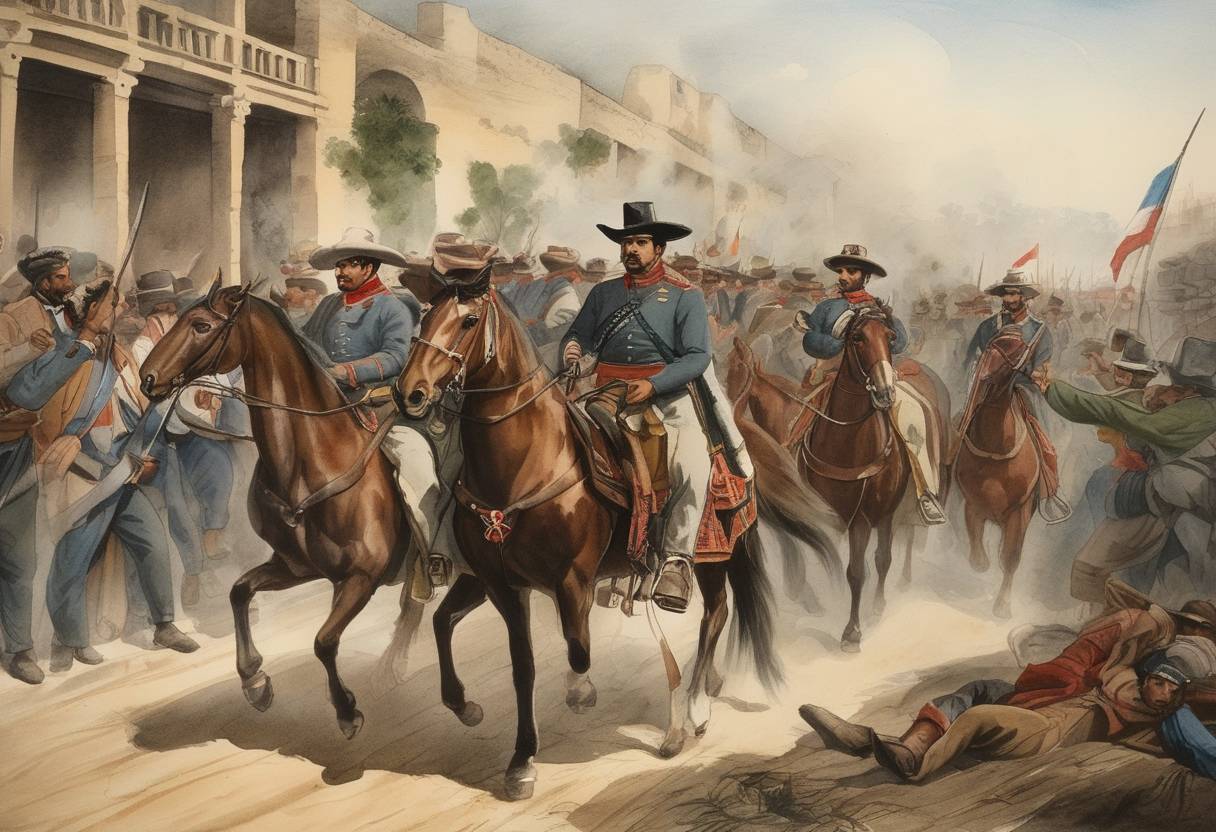 Watercolor painting based depiction of Several hundred Mexican troops depart San Antonio to suppress uprisings during the Texas Revolution. (1832)