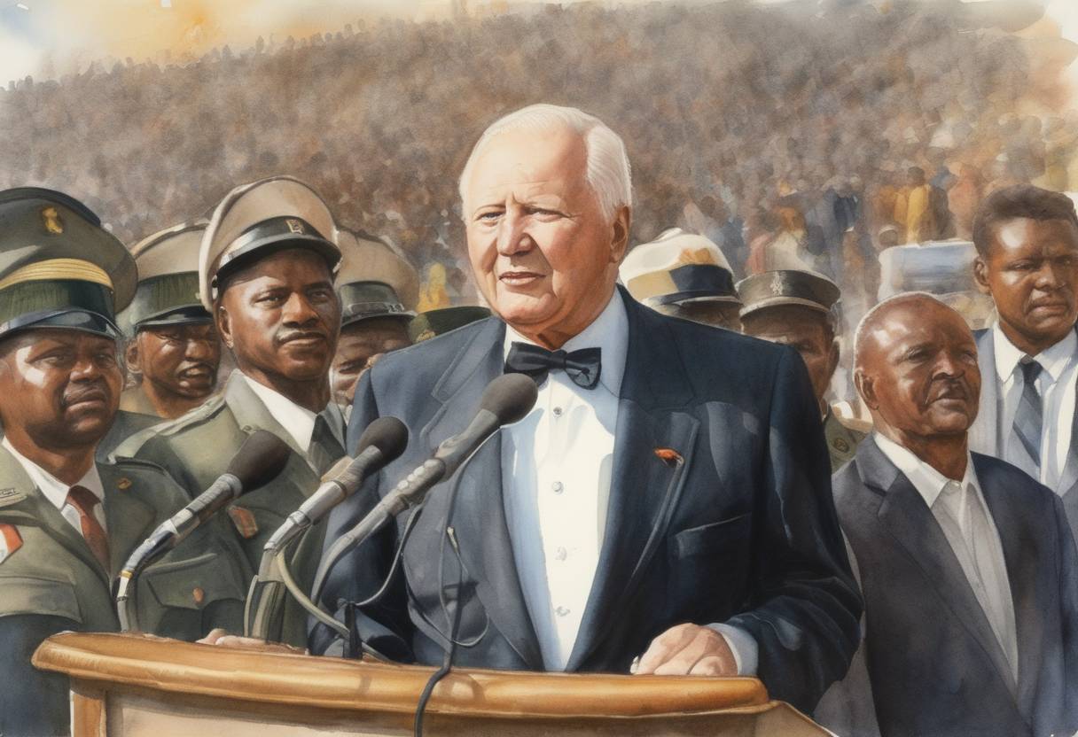 Watercolor painting based depiction of South African President F.W. de Klerk announces the unbanning of the African National Congress and promises the release of Nelson Mandela, paving the way for the end of apartheid. (1990)