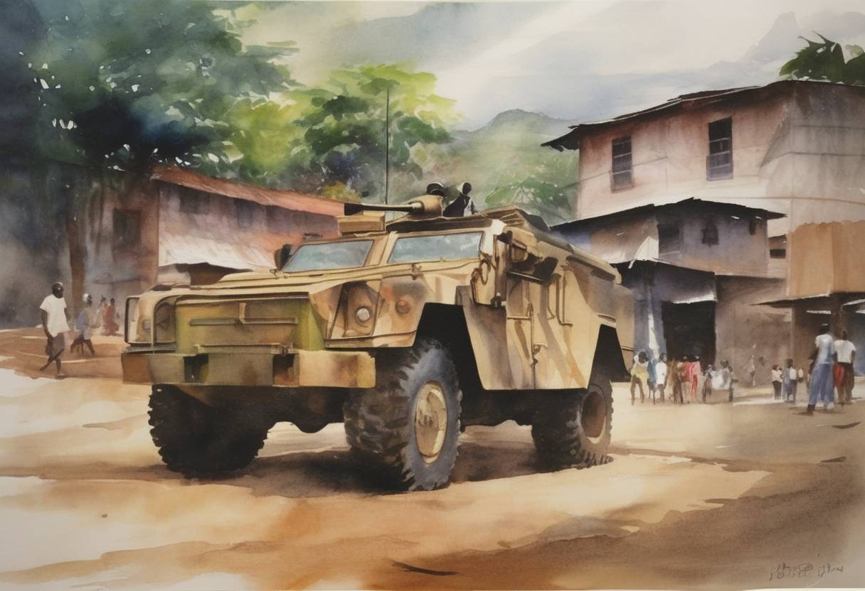 Watercolor painting based depiction of Sierra Leone's President Ahmad Tejan Kabbah was ousted in a coup by the Armed Forces Revolutionary Council. (1997)