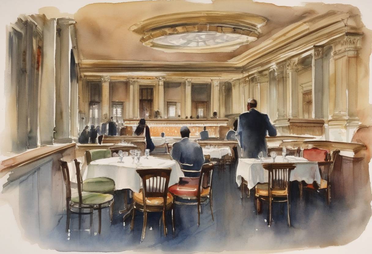 Watercolor painting based depiction of The United States Supreme Court ruled in the case of District of Columbia v. John R. Thompson Co., a landmark decision which struck down racial segregation in public restaurants in Washington, D.C. (1953)