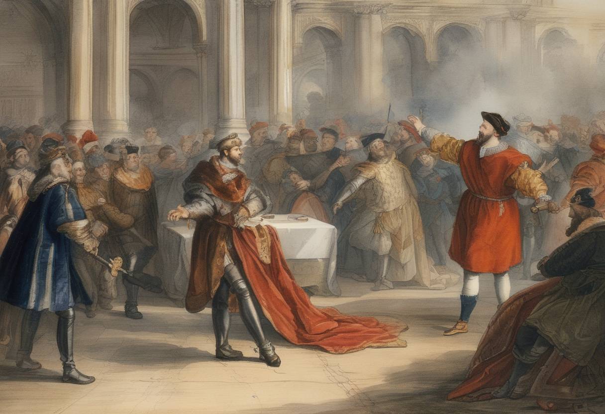 Watercolor painting based depiction of King Henry IV of France was assassinated by François Ravaillac, a fanatical Catholic, in Paris. (1610)