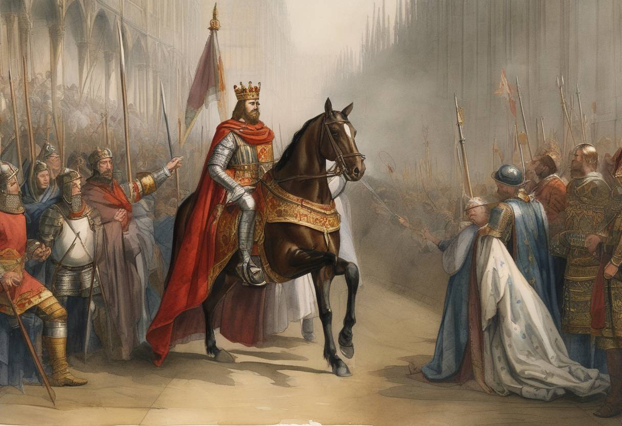Watercolor painting based depiction of Edward I becomes King of England following the death of his father, King Henry III. Edward, also known as Edward Longshanks, would be known for his military campaigns, including conquests in Wales and conflicts with Scotland. (1272)