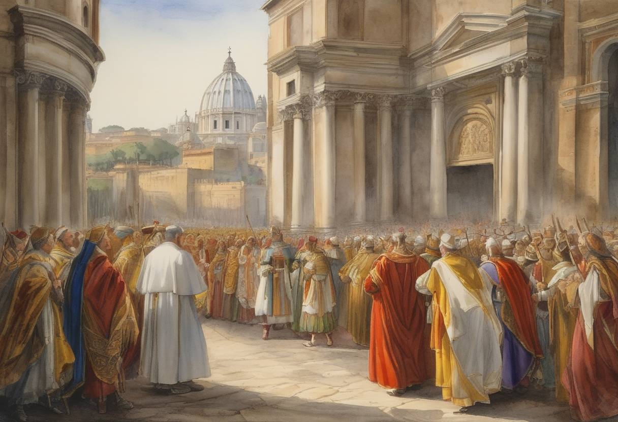 Watercolor painting based depiction of Pope Boniface VIII proclaimed a Jubilee Year, the first Christian Jubilee in history, with the intention of granting full pardon to those who made a pilgrimage to Rome and fulfilled specific religious rituals. This event marked the institutionalization of the Jubilee concept within the Catholic Church, which subsequently became a significant aspect of Roman Catholic tradition. (1300)