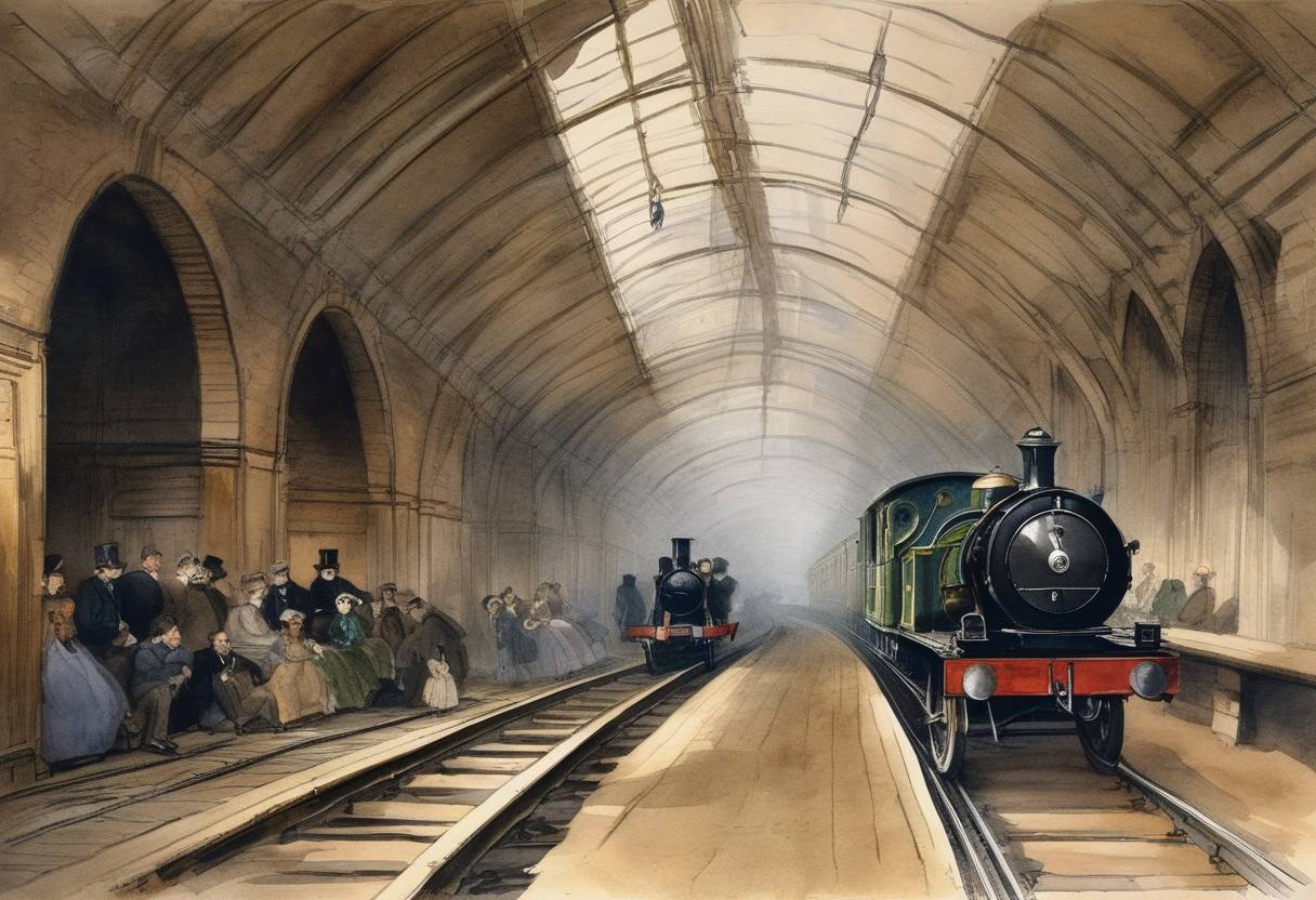 Watercolor painting based depiction of The world's first underground railway, the Metropolitan Railway (part of the London Underground), had begun operations on January 10, 1863, but February 10 marked the official visit and inspection by notable dignitaries, further cementing its place in public transport history. (1863)