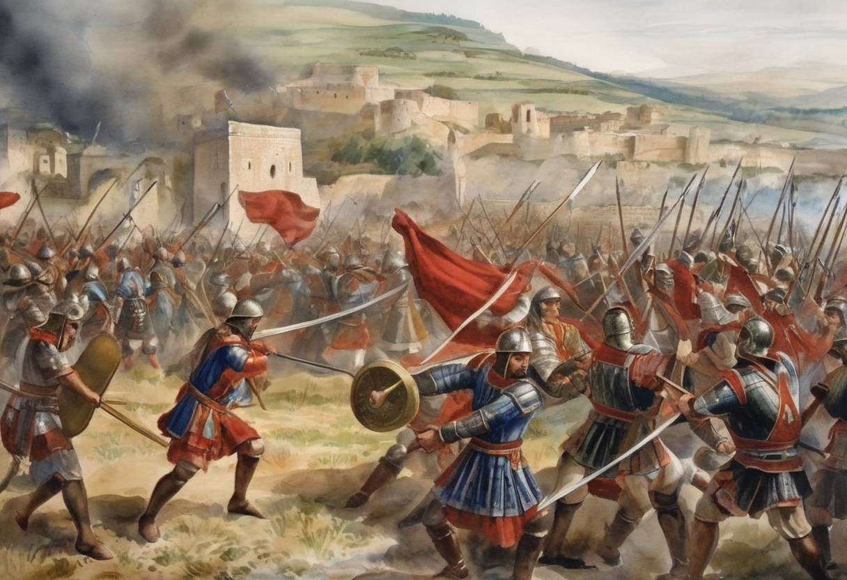 Watercolor painting based depiction of The Battle of Picotin took place during the Byzantine civil war at Picotin on the Peloponnese. It was a decisive victory for the forces of the Latin Principality of Achaea against the Byzantine Empire. (1316)