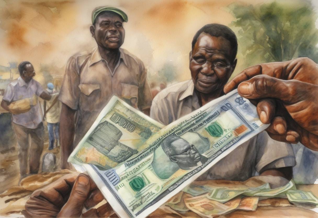 Watercolor painting based depiction of Inflation in Zimbabwe reaches unprecedented levels as the country introduces a Z$100 billion banknote, highlighting the devastating impact of hyperinflation on its economy. (2008)