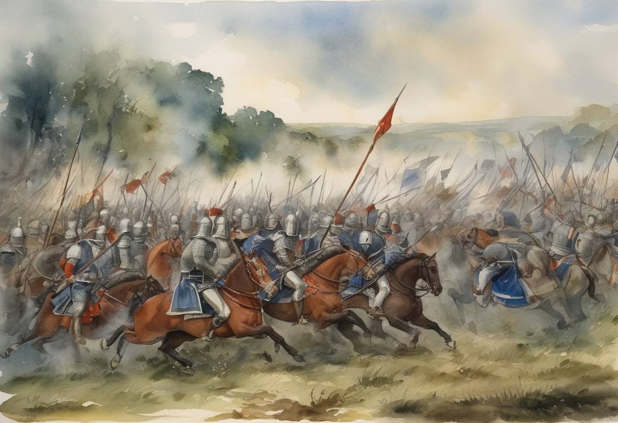 Watercolor painting based depiction of The Battle of the Thirty took place in Brittany during the Breton War of Succession. It was a combat between thirty knights and squires from each side: the French faction supporting Charles de Blois and the English faction supporting John de Montfort. (1351)