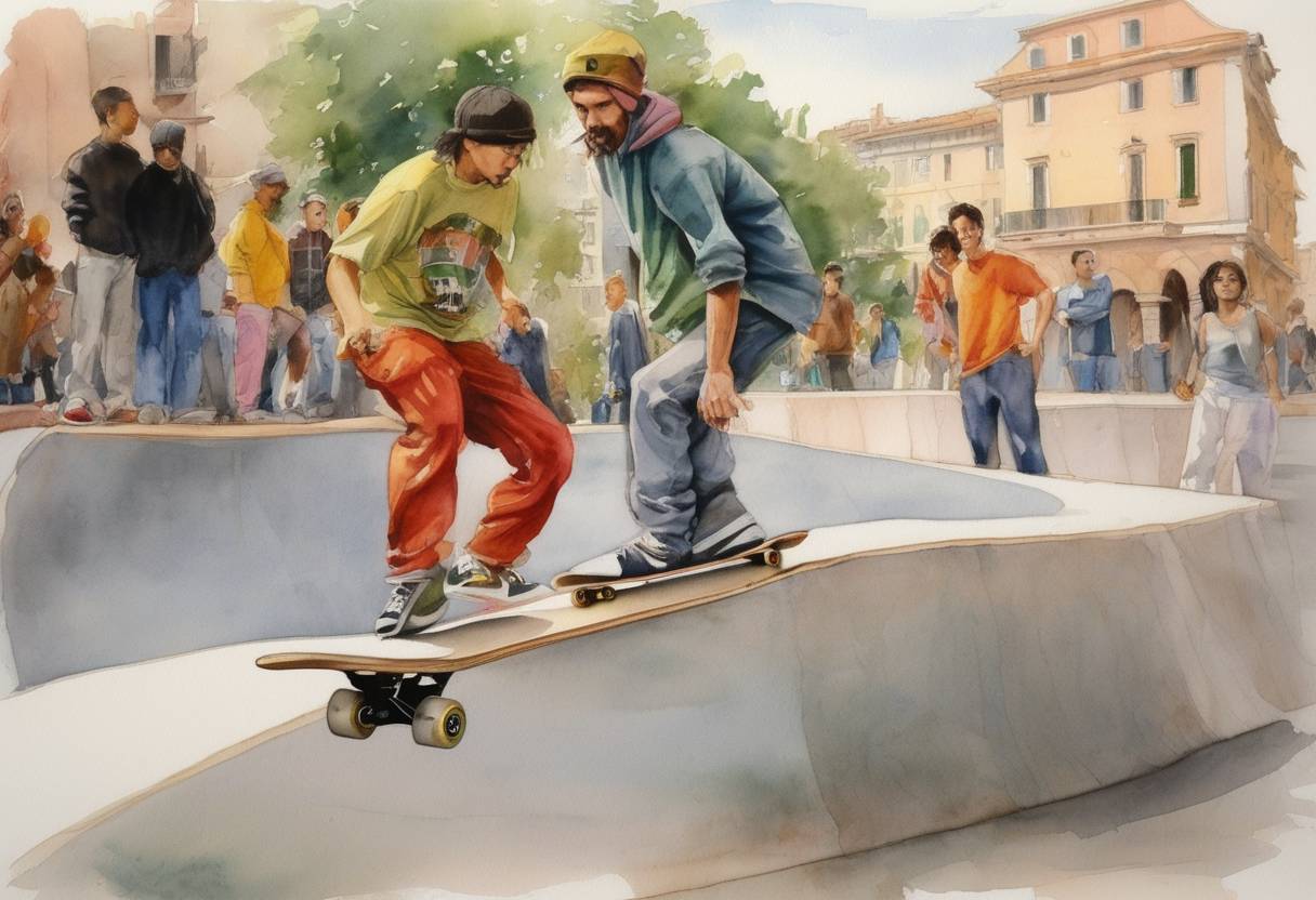 Watercolor painting based depiction of Australian and Italian skateboarders Simone Scholz and Sitcom team member Fabio Paterno initiated an intercultural skateboarding exchange, holding a demonstration in Milan to celebrate urban sporting cultures. (2001)