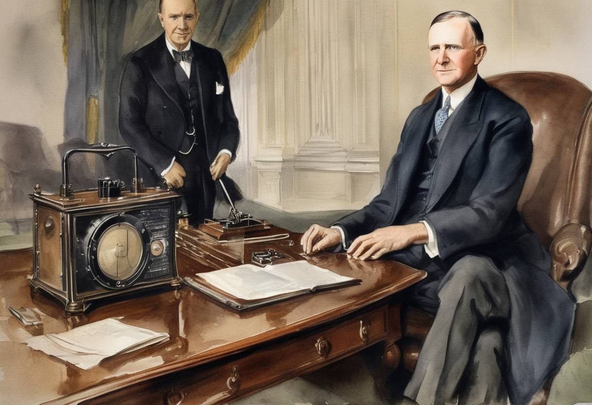 Watercolor painting based depiction of Calvin Coolidge became the first President of the United States to deliver a radio broadcast from the White House, signifying the growing importance of radio as a medium for communication. (1924)