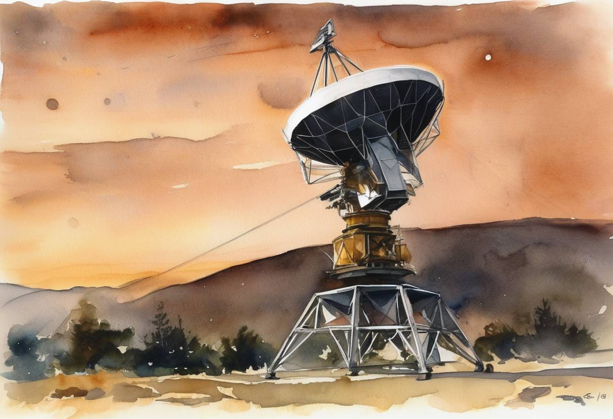 Watercolor painting based depiction of The last successful communication with the Pioneer 10 space probe, which was launched by NASA in 1972 to study the outer planets. (2002)