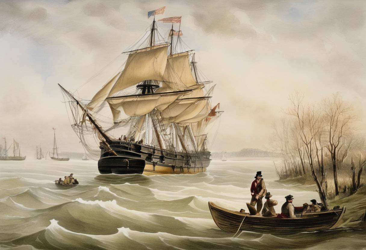Watercolor painting based depiction of The Wilkes Expedition, or the United States Exploring Expedition, departs from Hampton Roads, Virginia. This was one of the first globally significant scientific exploration missions undertaken by the United States, and it took place from 1838 to 1842. It was commanded by Lieutenant Charles Wilkes and explored the Pacific Ocean, including Antarctica, which was then largely uncharted by the United States. (1838)
