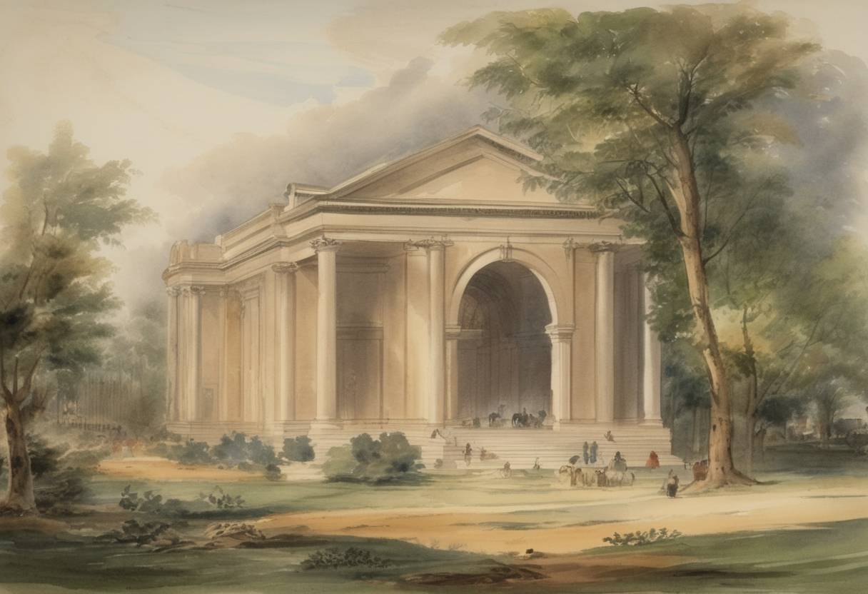 Watercolor painting based depiction of The Smithsonian Institution was established in Washington, D.C., thanks to funds from the estate of British scientist James Smithson. (1846)