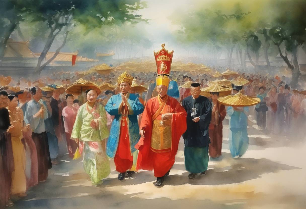 Watercolor painting based depiction of Emperor Lý Nhật Tôn ascends to the throne as Emperor of Vietnam, marking an era of consolidation and expansion for the Lý dynasty. (1055)