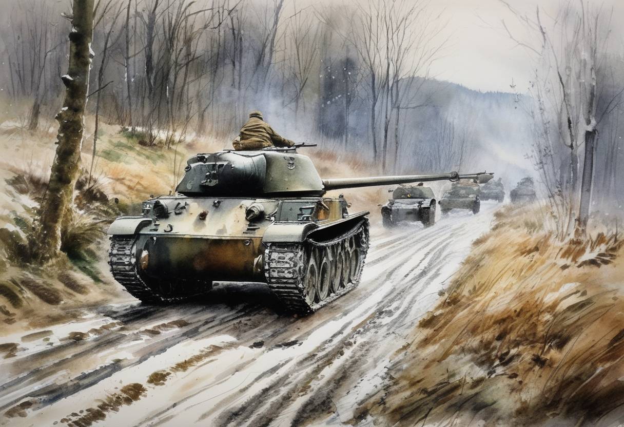 Watercolor painting based depiction of The Battle of the Bulge ended with an Allied victory which repelled the last major German offensive of World War II. (1945)