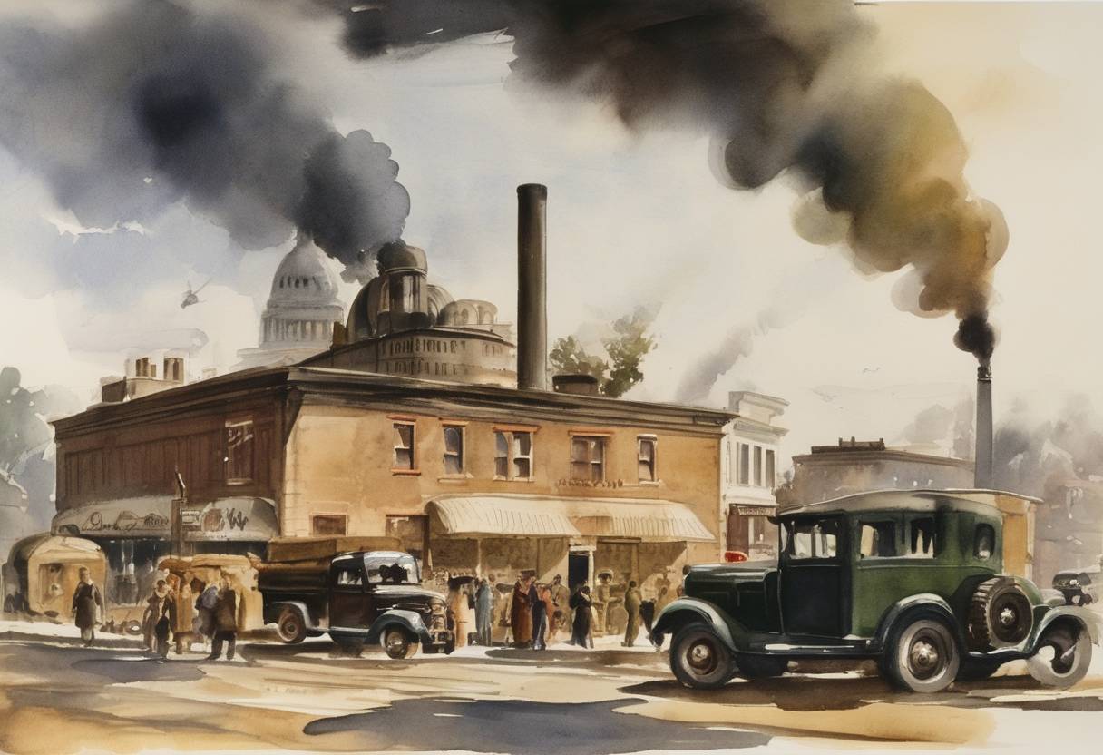 Watercolor painting based depiction of The U.S. government began rationing several commodities, including oil and rubber, during World War II. (1942)