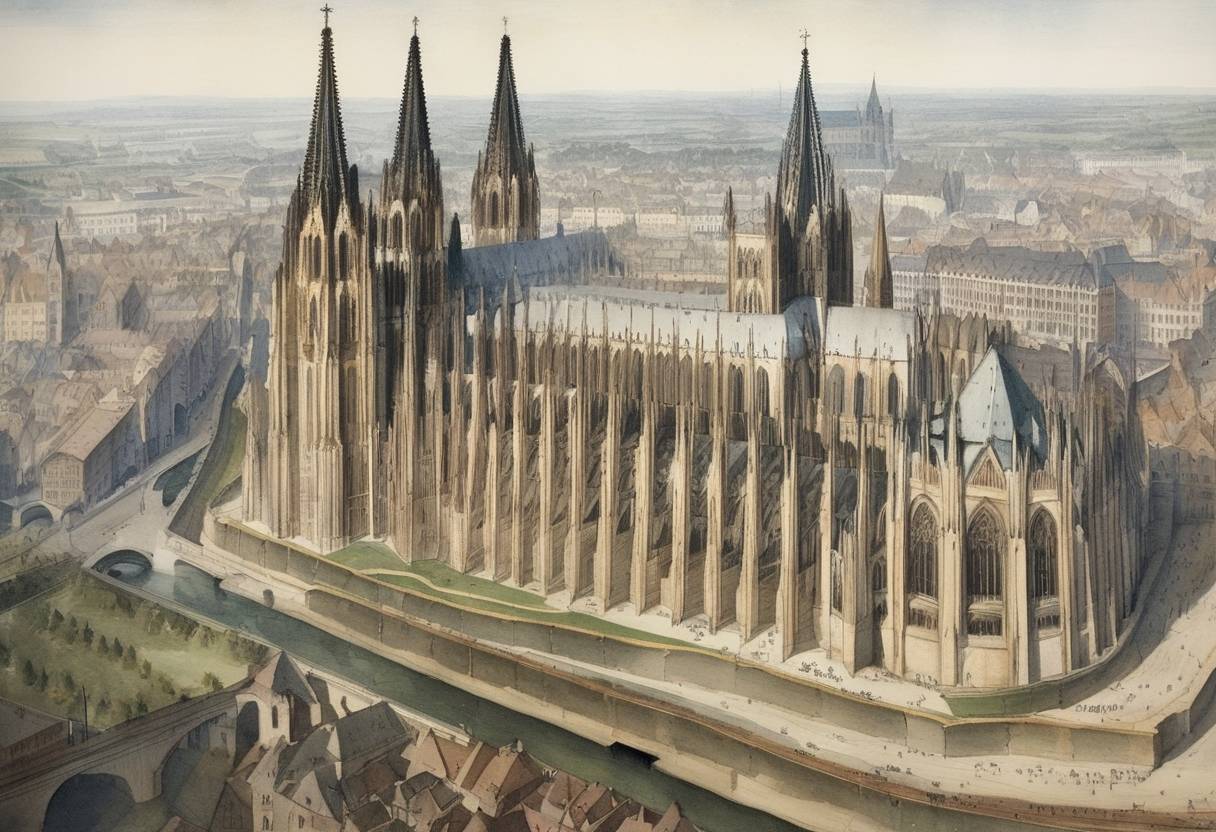Watercolor painting based depiction of The University of Cologne, officially the 'Universität zu Köln', was founded in the Free Imperial City of Cologne, under the rule of Pope Urban VI. It is one of the oldest universities in Europe. (1389)