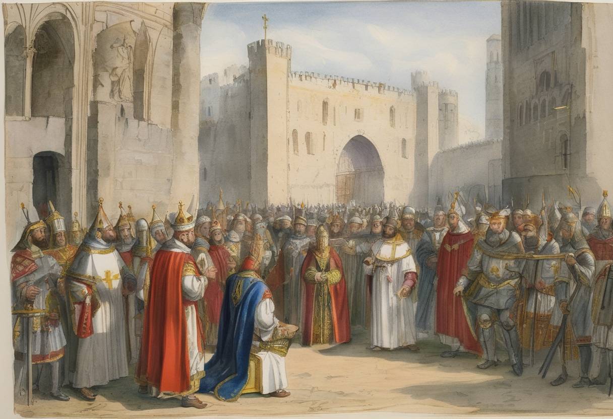 Watercolor painting based depiction of Pope Clement V issued a papal bull Pastoralis Praeeminentiae, instructing all Christian monarchs in Europe to arrest all Templars and seize their assets. (1307)