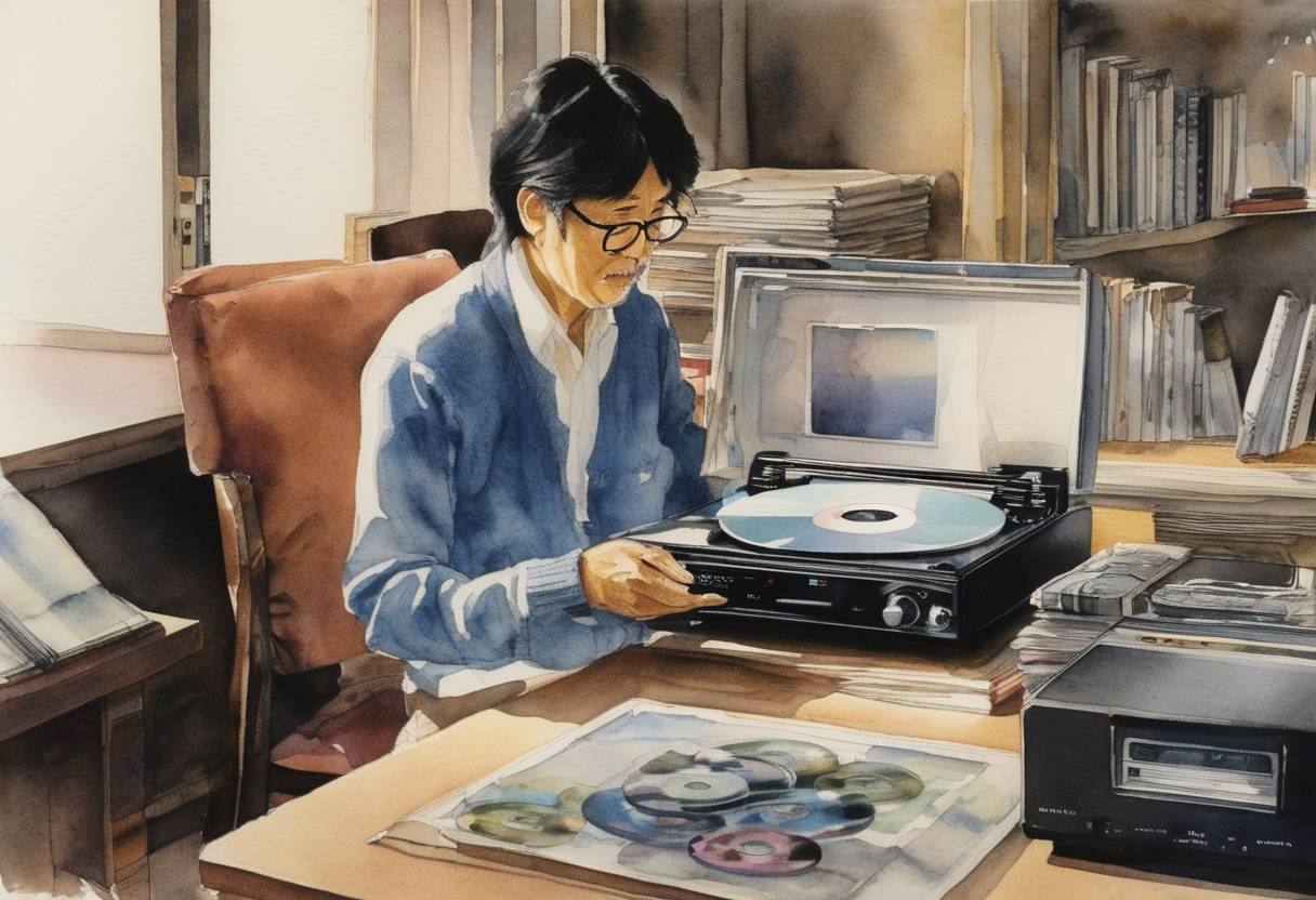 Watercolor painting based depiction of Akio Morita announces the launch of the Sony CDP-101, the world’s first commercially released compact disc player. (1983)