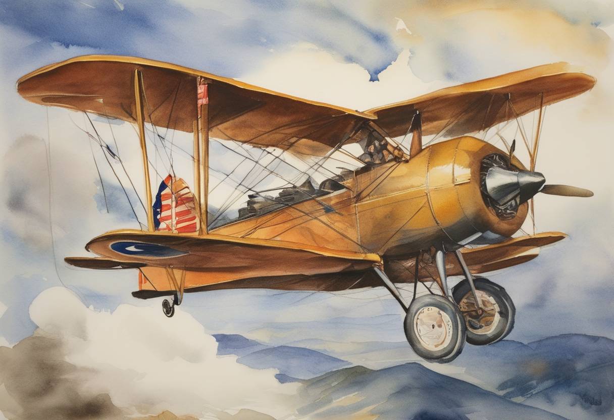 Watercolor painting based depiction of The first transcontinental airmail service across the United States was inaugurated by Charles Lindbergh. (1929)