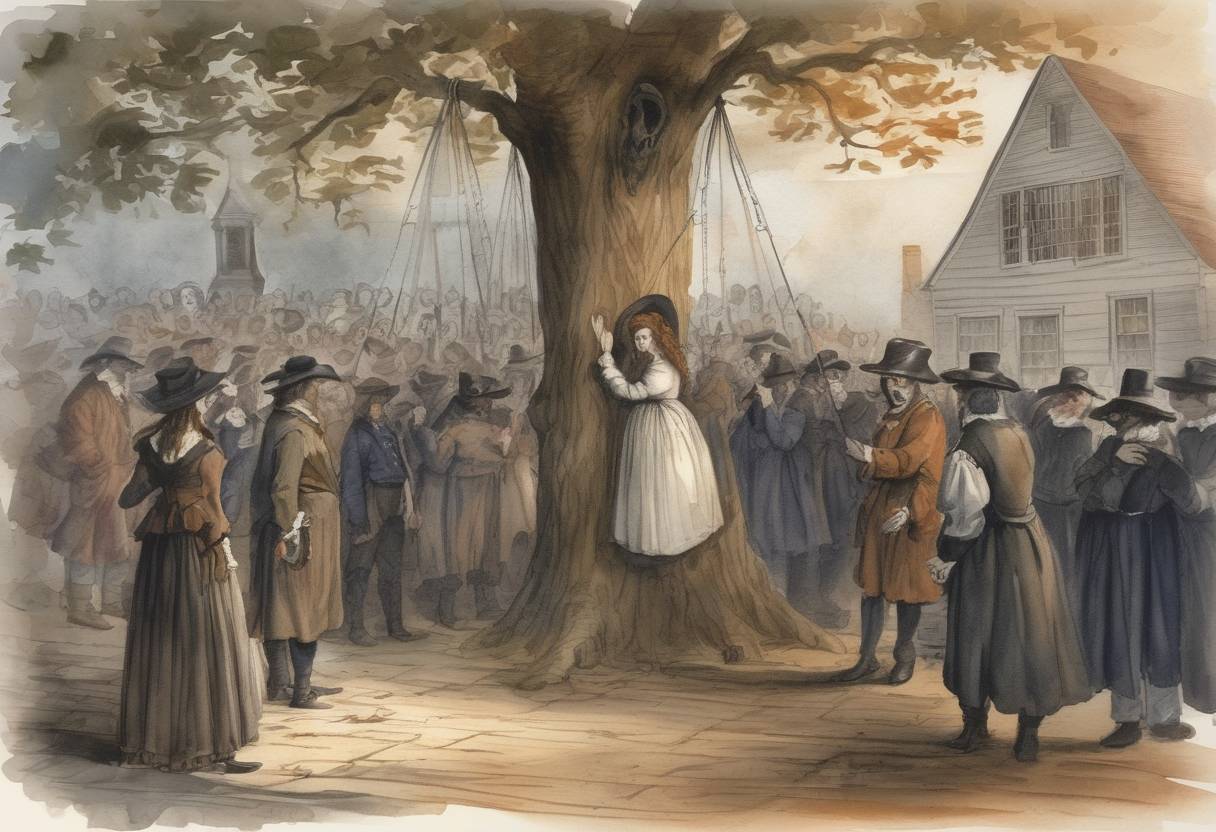 Watercolor painting based depiction of The first official execution of the Salem witch trials takes place as Bridget Bishop is hanged in Salem, Massachusetts. (1692)