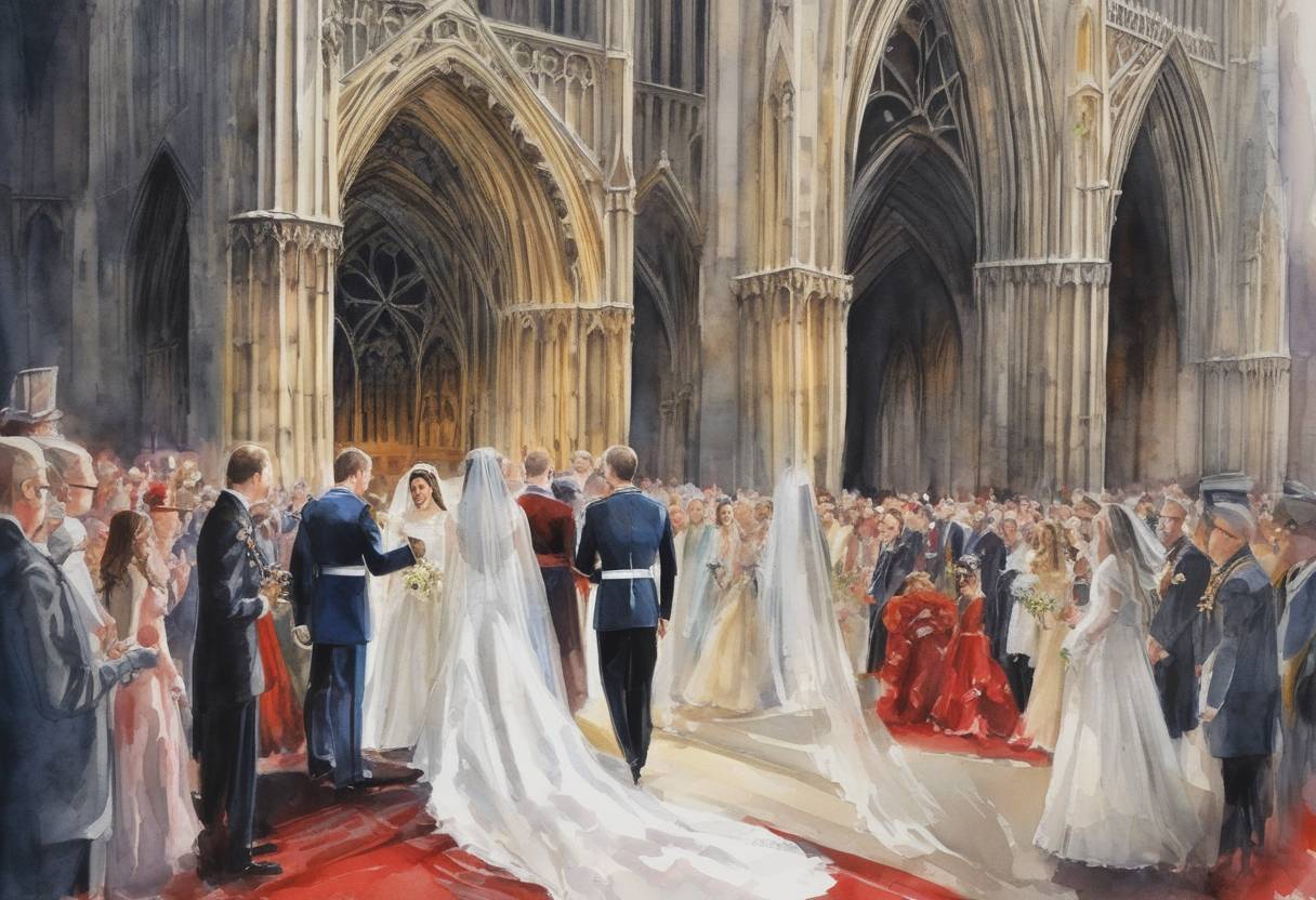 Watercolor painting based depiction of The wedding of Prince William and Catherine Middleton took place at Westminster Abbey in London, England. The event was watched by millions worldwide and marked a significant moment in British royal history. (2011)