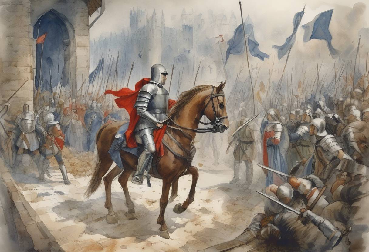 Watercolor painting based depiction of Joan of Arc arrives to relieve the Siege of Orléans during the Hundred Years' War. (1429)