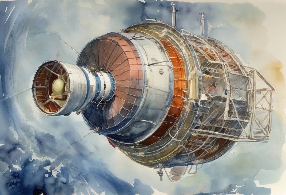 Watercolor painting based depiction of Echo 1A, the first successful communications satellite, was launched by NASA, marking a significant advancement in telecommunications technology. (1960)