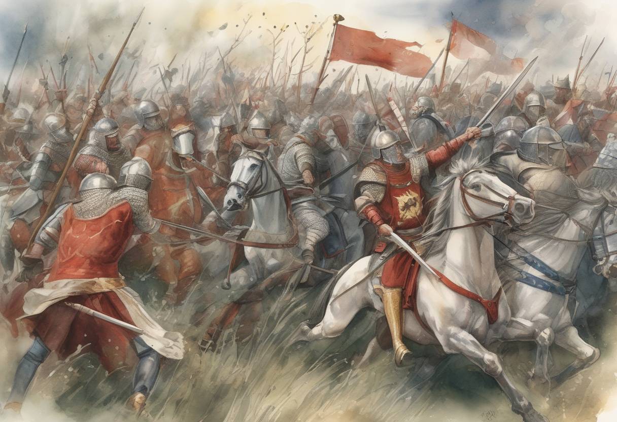 Watercolor painting based depiction of The Battle of Peonnum took place, where King Cuthred of Wessex defeated the Mercians under King Æthelbald, asserting Wessex's independence from Mercian dominance. (756)